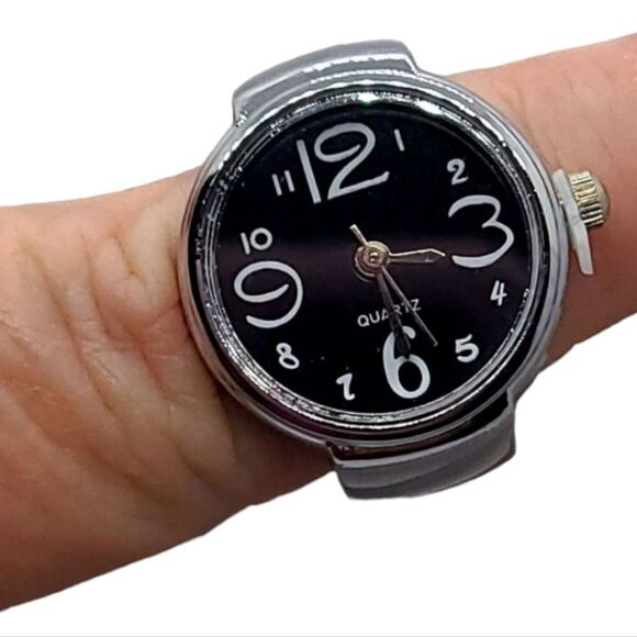 RING WATCH New Black Dial Stretchy Metal Band Silver Analog Quartz - Picture 5 of 5